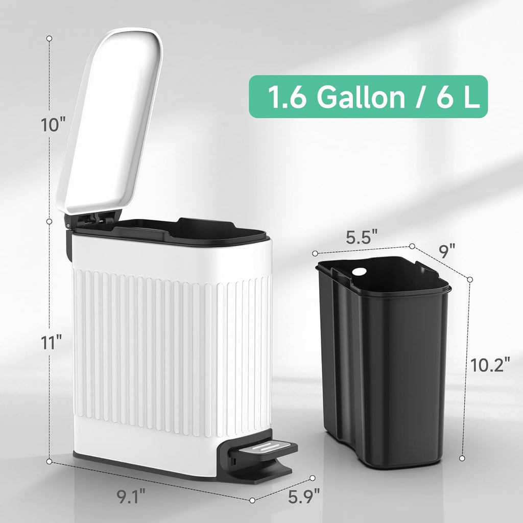 TIPGO Slim Bathroom Trash Can - Soft Close Lid & Step Pedal, 6L Stainless Steel Bin | White