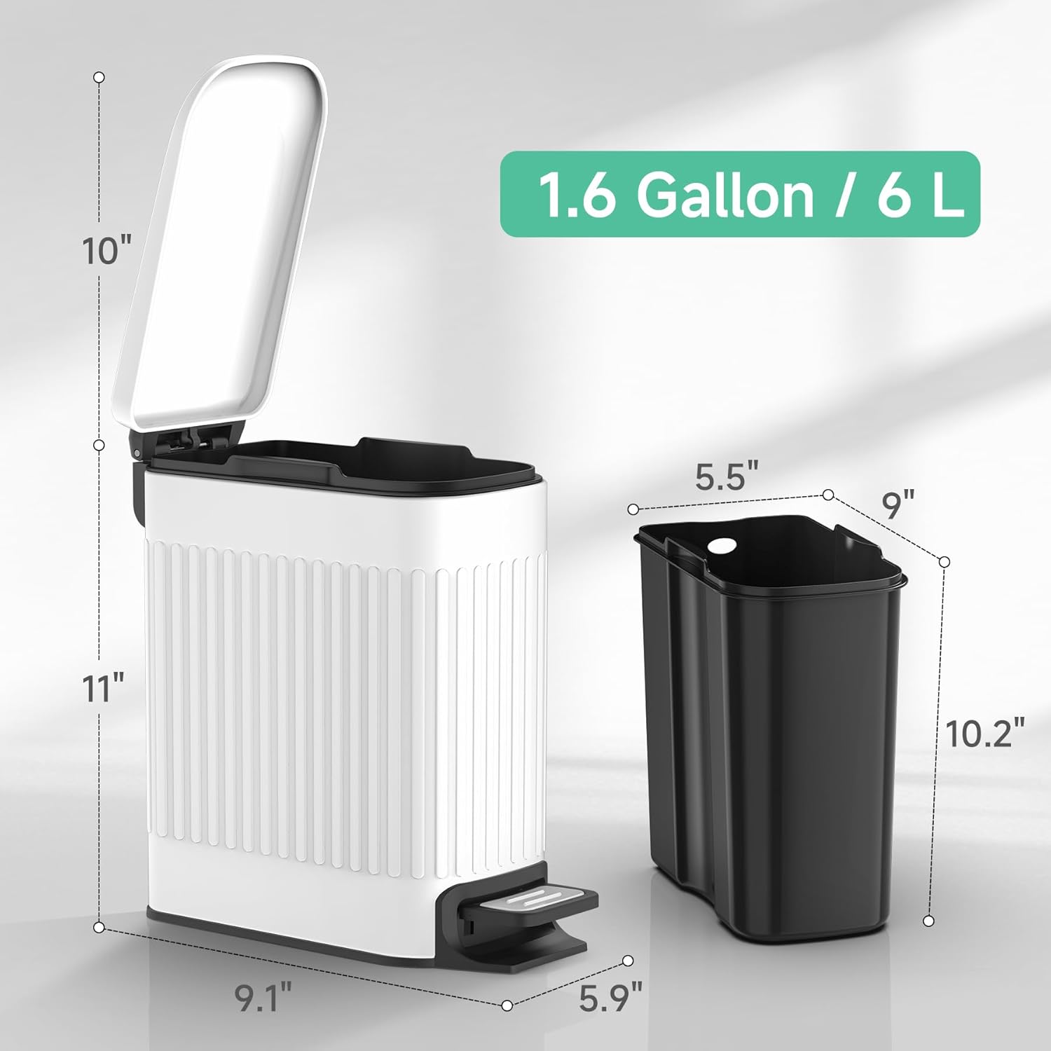 TIPGO Slim Bathroom Trash Can - Soft Close Lid & Step Pedal, 6L Stainless Steel Bin | White