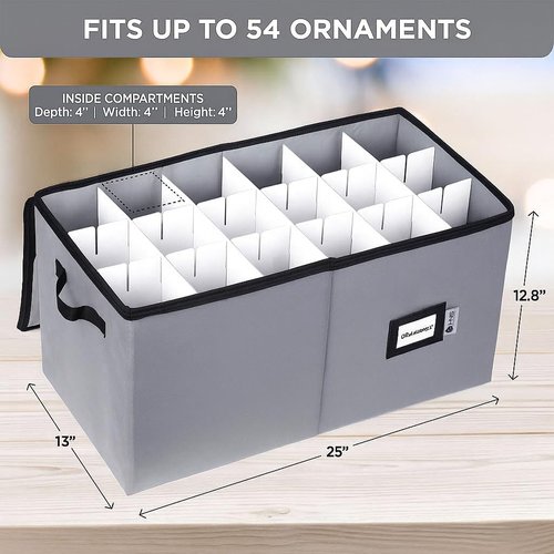 Christmas Ornament Storage Container - Large Zippered Organizer Bin with Dividers for 54 Ornaments | Adjustable Grey Design