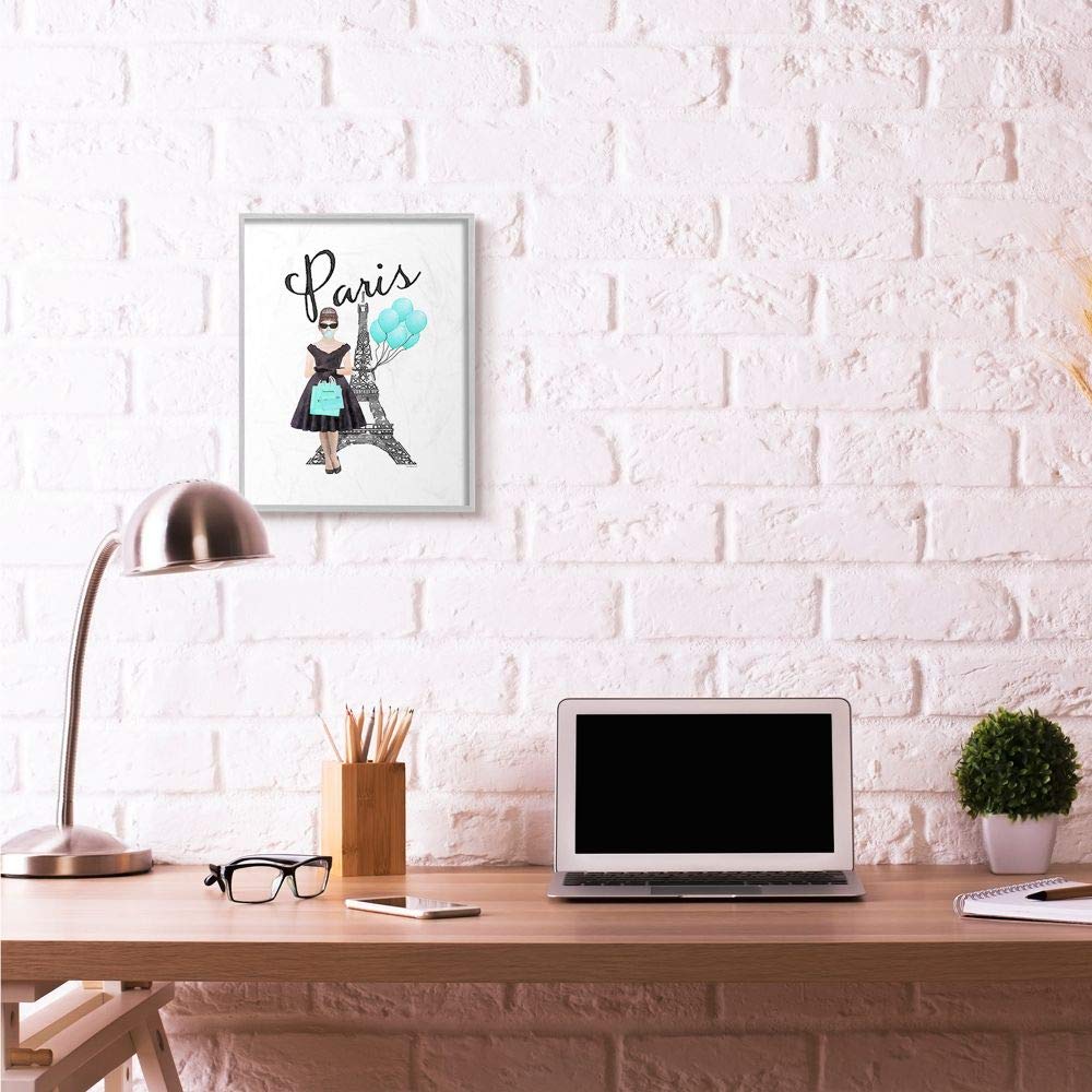 Stupell Industries Paris Woman Shopping Eiffel Tower Blue Glam Fashion Watercolor