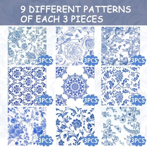 Blue Floral Decoupage Napkins - 27 Pack Vintage Paper for DIY Crafts