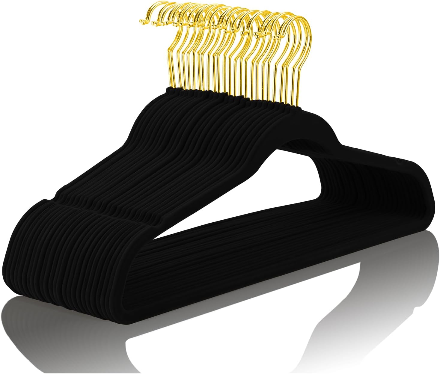 MIZGI Premium Velvet Hangers - 30 Heavy-Duty Non-Slip Slimline Suit Hangers - Black with Gold Hooks
