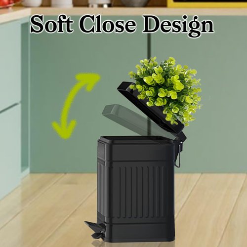 Tegneo Small Trash Can with Lid, Plant-Styled Outdoor Dog Poop Trash Can Outside, Farmhouse Retro Metal Garbage Can for Bathroom Office, Dog Waste Container with Pedal, Soft Close, 5L/1.3 Gal, Black