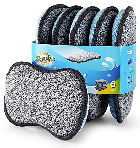Scrub-it Microfiber Kitchen Sponges - Reusable Non-Scratch Dish Scrubbers, Small Gray & Blue 6 Pack
