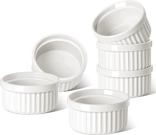 LE TAUCI Ramekins - 6 Oz Ceramic Souffle Dishes | Oven Safe Custard Cups Set of 6 in White