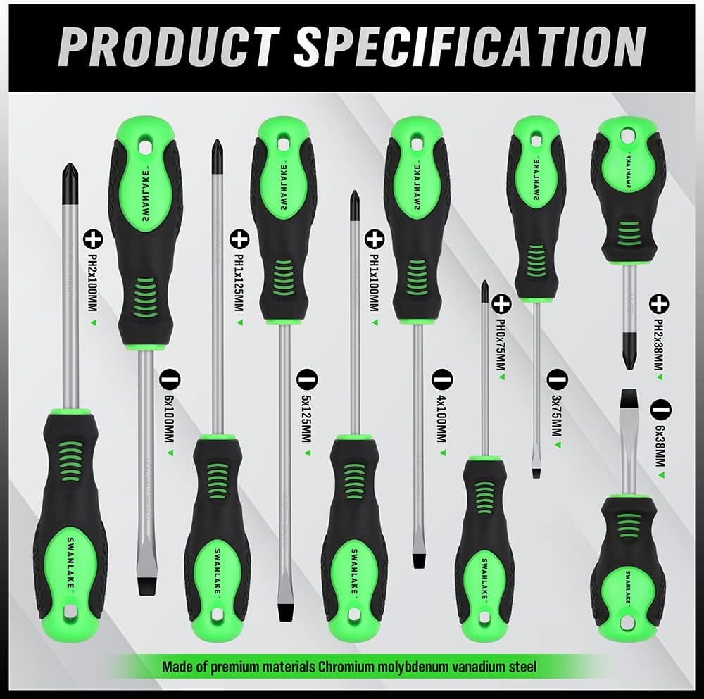 SWANLAKE 11PCS Screwdriver Set - Magnetic Phillips & Flat Head Tips for Quick Fastening & Loosening