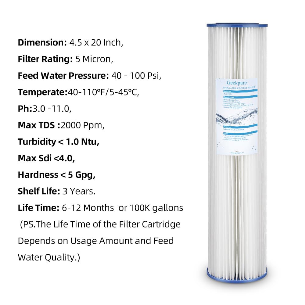Geekpure Whole House Pleated PP Polypropylene Sediment Replacement Filters -4.5" x 20"-5 Micron -Pack of 4