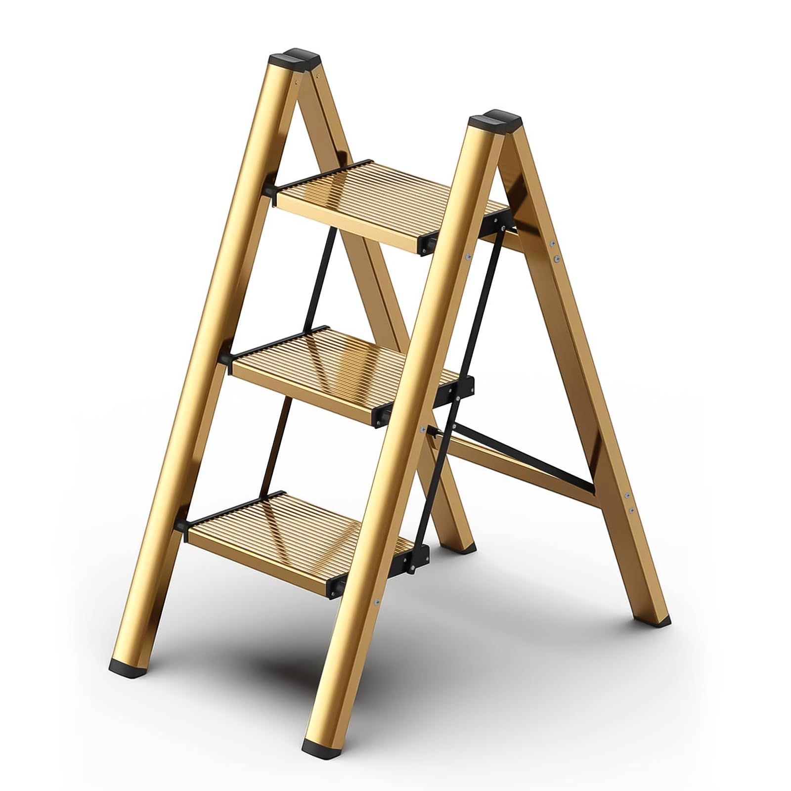 hismocal Foldable 3 Step Stool Ladder for Closet/Kitchen - Aluminium Gold Step Ladder, 330lbs Lightweight with Anti-Slip Wide Pedal, Portable for Kids/Adults