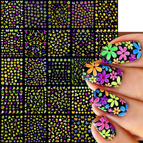 24 Sheets Fluorescent Nail Art Stickers 3D Colorful Flower Butterfly Decals