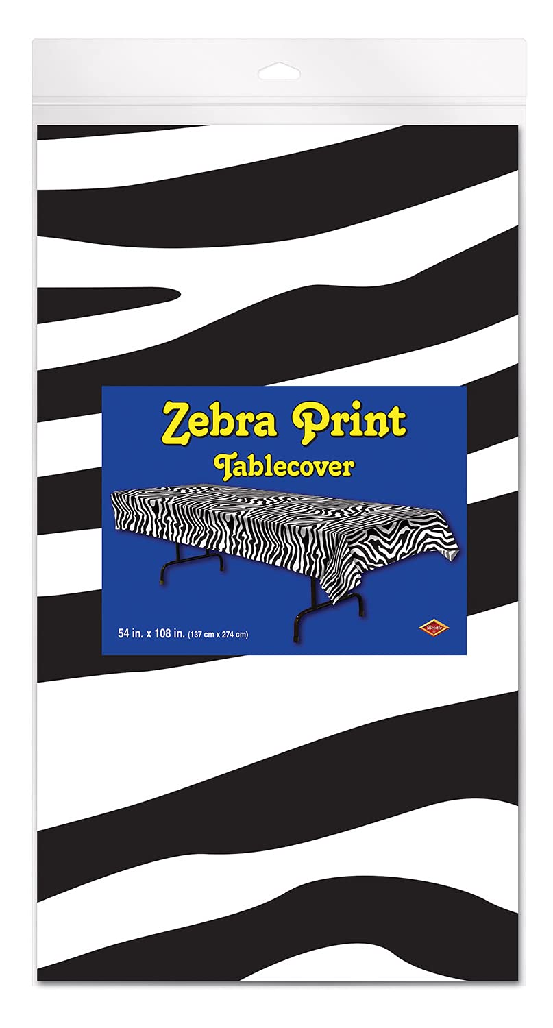 Beistle Plastic Disposable Rectangular Zebra Print Table Cover Bachelorette Birthday Party Supplies and Tableware, 54"x108", Black, White