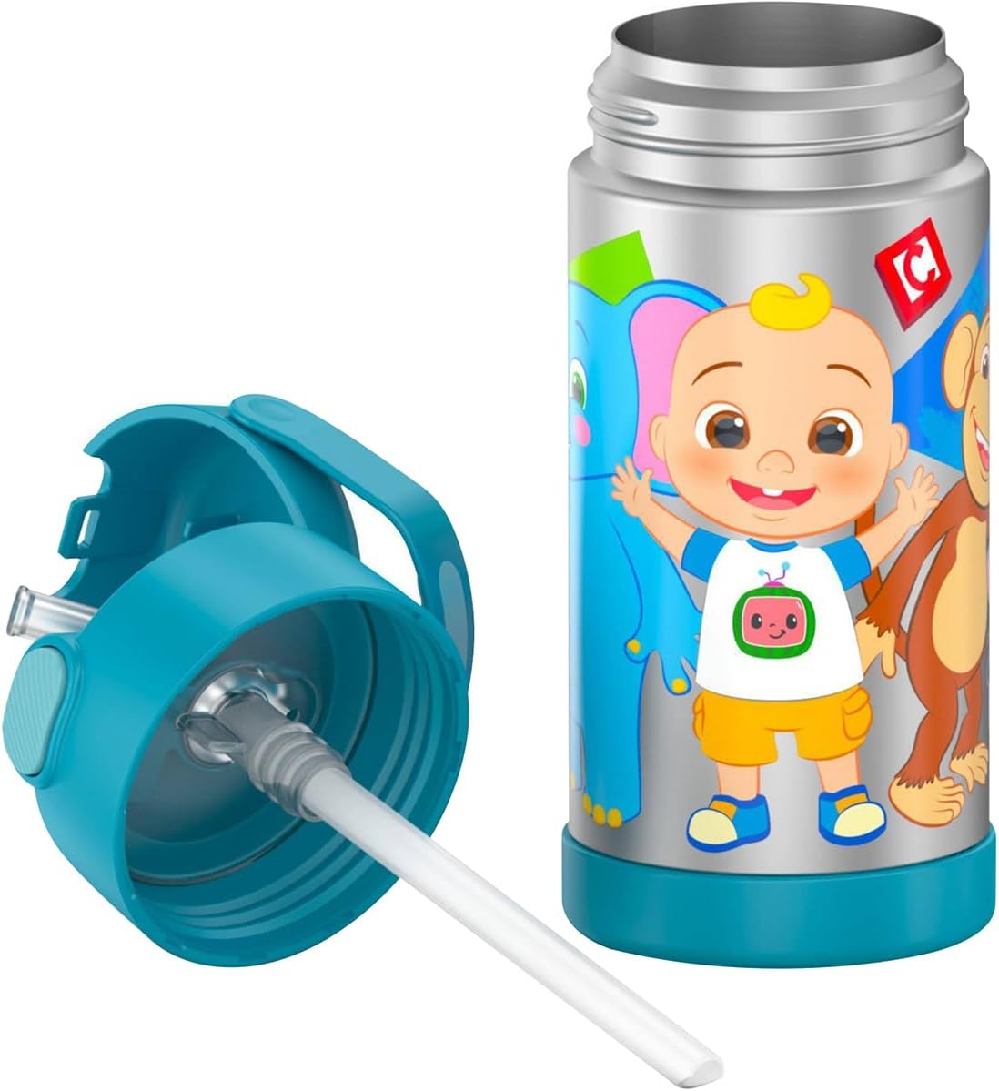 THERMOS FUNTAINER Water Bottle - 12 Ounce Kids Stainless Steel Vacuum Insulated with Straw - Cocomelon Design