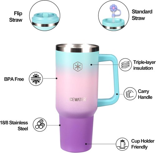 ICEWATER 40 oz Insulated Tumbler - 100% Leak Proof with 2 Lids & Handle | Cup Holder Friendly (Violet)