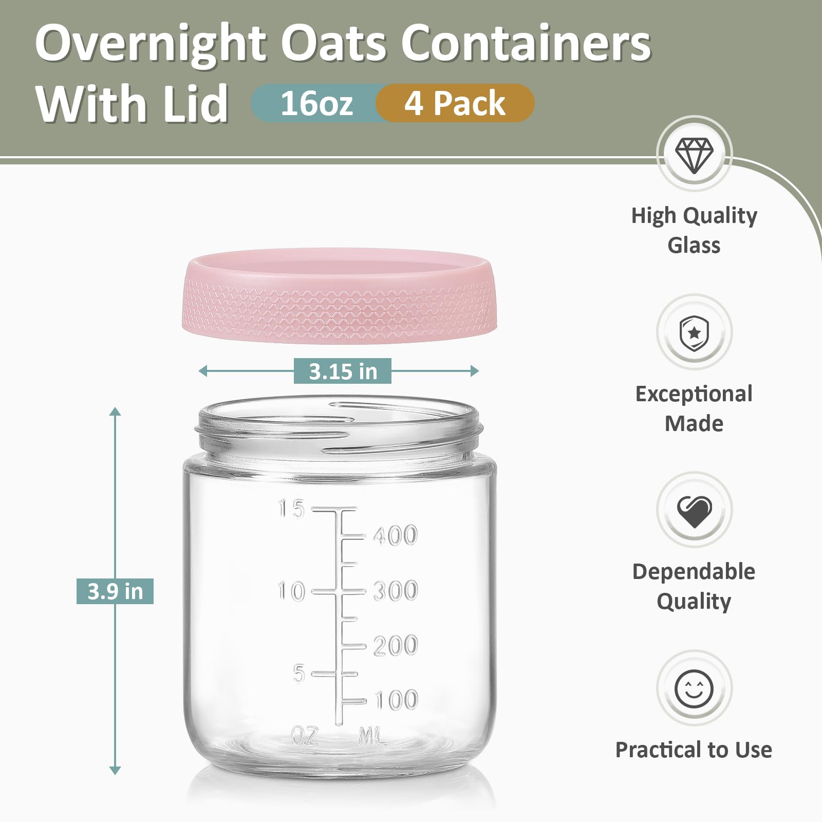 POIKSHARK 4-Pack Overnight Oats Containers with Lids,16 OZ Wide Mouth Glass Jars with Airtight Lids, Mason Jars Glass Food Containers for Snack Spice Sugar Food Prep Yogurt