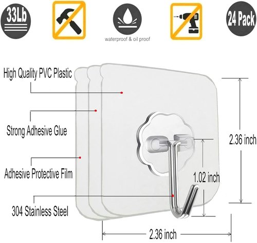 Jwxstore Heavy Duty Self-Adhesive Hooks - 33lb Capacity, Waterproof & Transparent | Ideal for Home & Outdoor Use