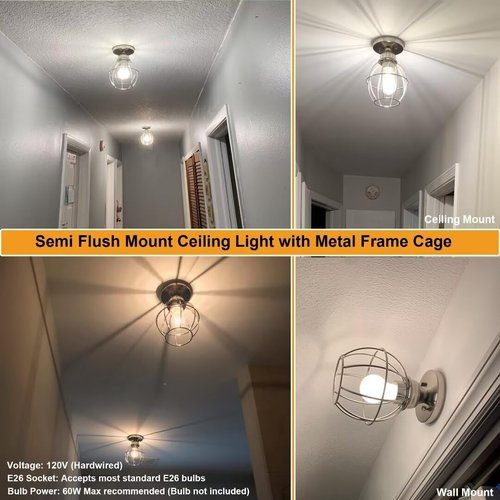 GRUENLICH Semi Flush Mount Ceiling Light Fixture for Outdoor and Indoor, E26 Medium Base 60W Max, Metal Housing and Metal Cage, Bulb not Included, 2-Pack, Nickel Finish