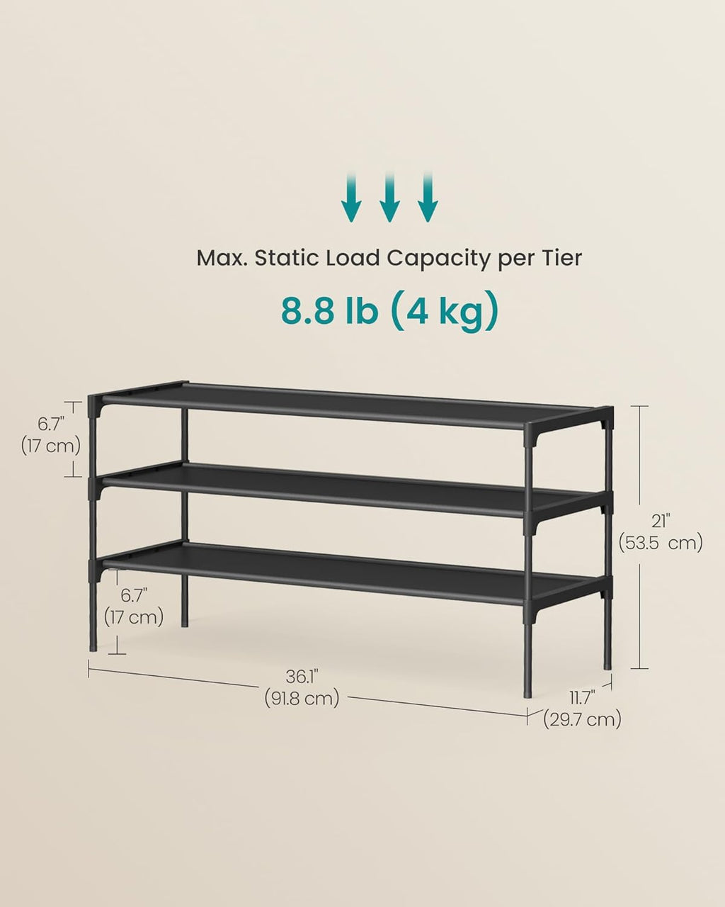 SONGMICS Shoe Rack - 3-Tier Space-Saving Organizer with Metal Frame & Non-Woven Shelves | Ink Black, 11.7 x 36.1 x 21 Inches