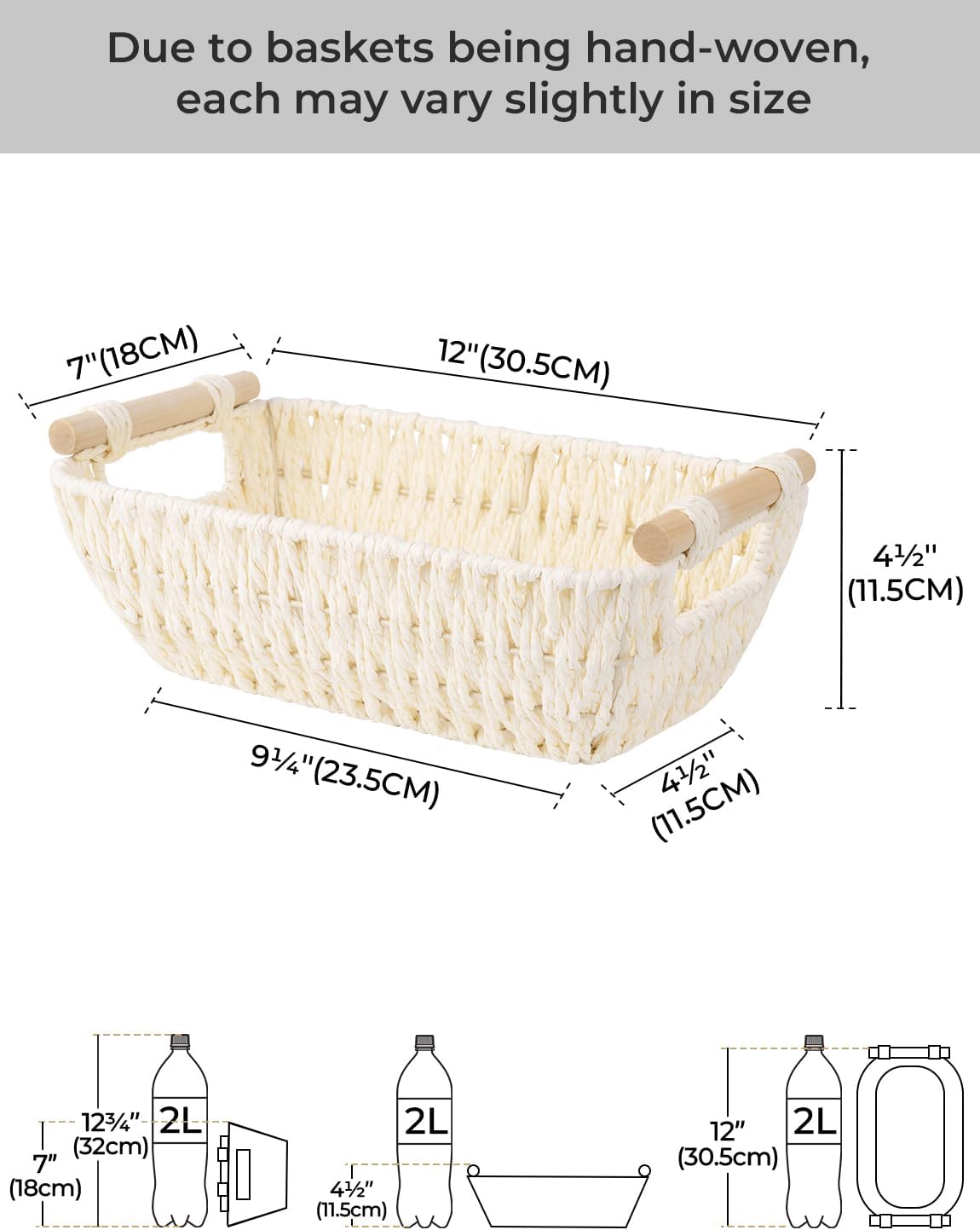 StorageWorks Round Woven Paper Rope Baskets - Beige 2-Pack with Wooden Handles for Stylish Storage