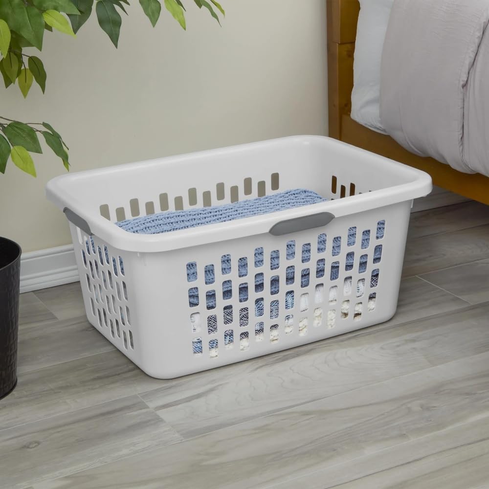 Skiennix Large Plastic Laundry Basket - Rectangle Bin with Grip Handles | 2 Bushel Capacity, White