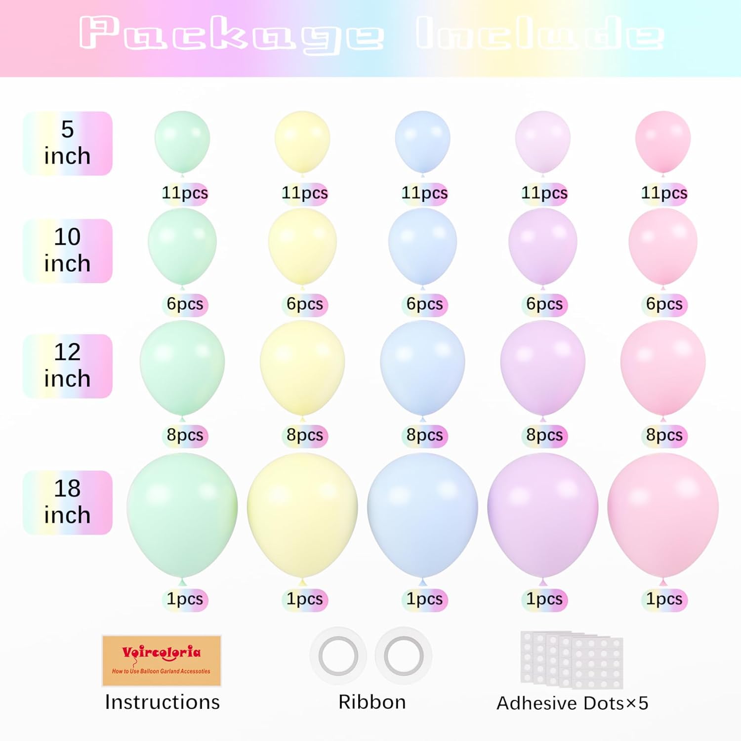 Voircoloria 130pcs Pastel Latex Balloon Garland Kit - Macaron Colors for Birthday, Baby Shower & More