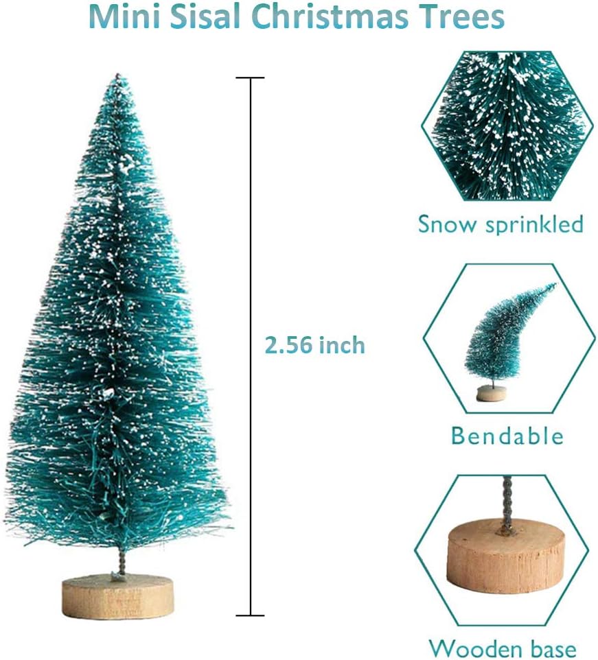 Skiennix Artificial Mini Sisal Christmas Trees - Snow Frosted with Wooden Bases | 20 Pcs in Blue-Green for Home Decor