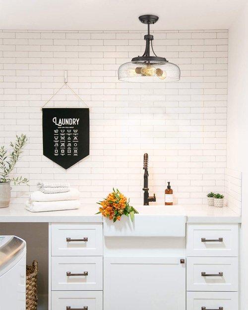 EAPUDUN Farmhouse Semi Flush Mount Ceiling Light Fixture, 3-Light Industrial Pendant Light in Oil Rubbed Bronze Finish with Clear Seeded Glass Shade, SMA1126-ORB