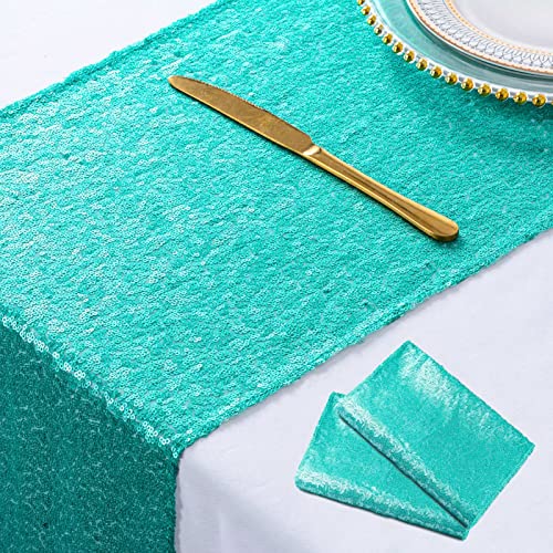 Teal Sequin Table Runner 12x72 Inches - Mint Green Glitter Fabric Overlay for Party & Wedding Decor - Variation: Teal