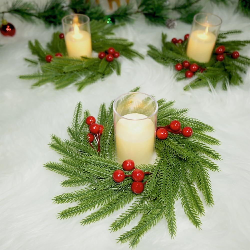 Norfolk Pine Candle Rings - 3Pcs Artificial Wreaths with Red Berry Accents | Festive Table Centerpieces