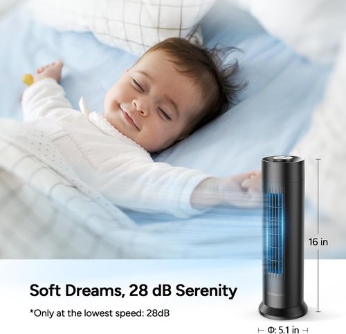 Dr.Prepare Tower Fan - 28 dB Quiet Bladeless Design | 3 Speeds & 80° Oscillation | 16 Inch Portable Fan for Home & Office - Black