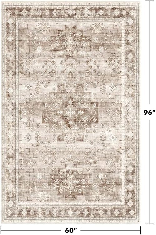 Hazo Haus Washable Area Rug - Boho Vintage Floral Design, Non-Slip & Stain Resistant | 5x8 Beige/Latte