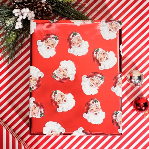 Christmas Wrapping Paper - Santa & Candy Cane Foil Design, 17 x 33 Feet - Classic Santa Variation