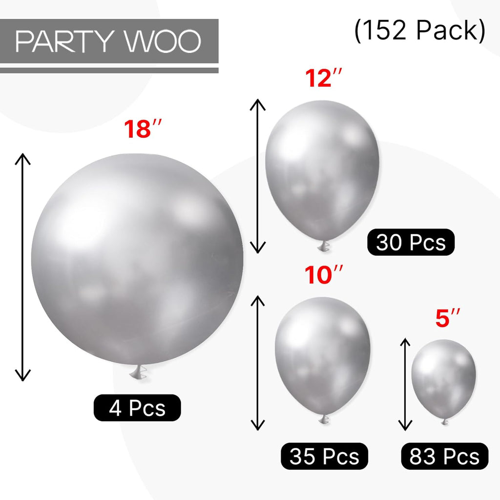PartyWoo Silver Balloon Arch Kit - 152 Pcs in Various Sizes for Birthday, Wedding & Graduation Decor
