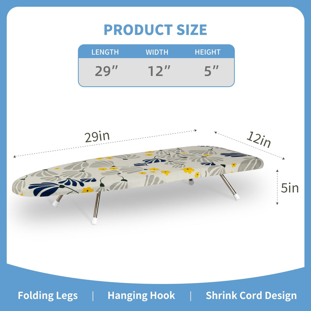 Slieton Tabletop Ironing Board 12"x29" – Portable Folding Ironing Board with Thick Felt Padding, Heat-Resistant Cover, Stainless Steel Legs, Compact & Space-Saving Design (Dandelion)