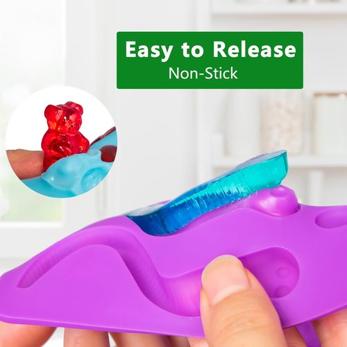 HKUCFTT Large Gummy Bear and Worm Molds Silicone, Food-Grade Non-Stick Candy Molds Fruit Snack Molds BPA-Free with 2 Droppers & 1 Cleaning Brush, Set of 4