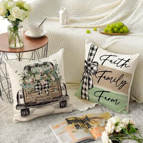 AVOIN colorlife Farmhouse Throw Pillow Covers, 18x18 Green Set of 4