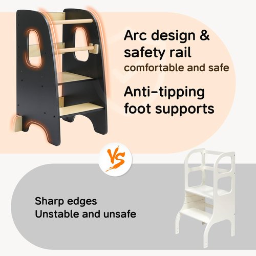 Ezebaby Toddler Kitchen Stool Helper, Standing Tower for 1.5-6 Year Olds, Rounded Edge Design & Anti-Tip Base, Removable Rail Kitchen Step Stool-Black