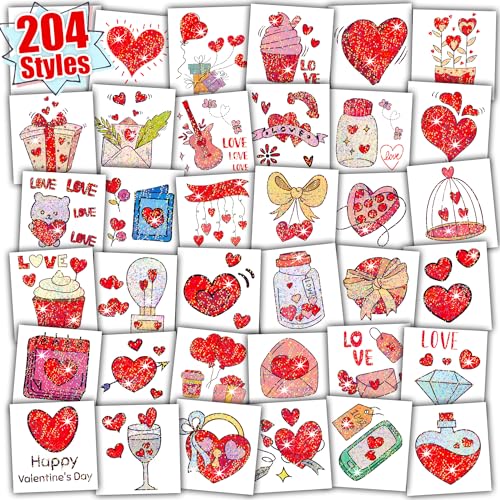 Partywind Glitter Valentine's Day Temporary Tattoos for Kids, 204 Sheets