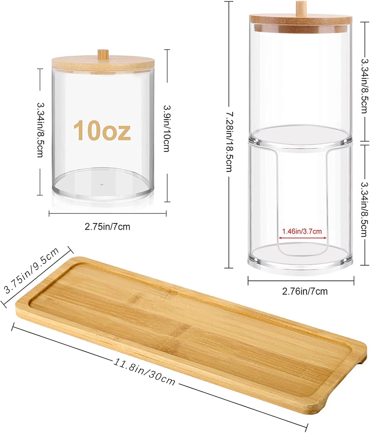 Qtip Holder Dispenser by [Brand Name] - Bamboo Lid Vanity Tray & 10 oz Clear Plastic Jar for Makeup Storage | Bathroom Accessory Set for Cotton Swabs, Balls, Pads, Floss