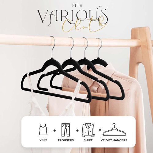 HOUSE DAY Black Velvet Hangers - Premium Non-Slip Felt Clothes Hangers | 60 Pack with Adjustable Clips