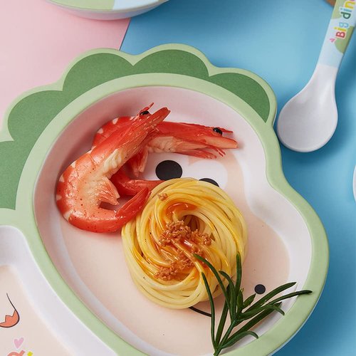 Fekdod Bamboo Kids Dinnerware Set 5 Pcs Includes Plate Bowl Cup Fork Spoon Perfect for Kids BPA-Free (Little Dinosaur)