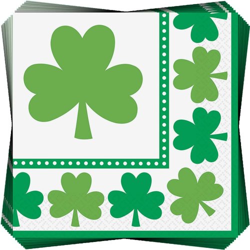 White/Green Lucky Shamrocks Beverage Napkins - 5" x 5" (Pack Of 16) - Durable & Stylish Party Napkins - Perfect For St. Patrick's Day & Themed Celebrations