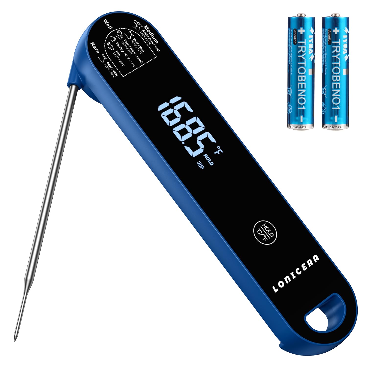 Lonicera Professional Meat Thermometer for Cooking. Instant Read Less Than 0.6 Sec, ±0.5℉ Accuracy with Thermocouple Tech. IP67 Waterproof Design, Ambidextrous VA Display, Auto Wake up (Blueberry)