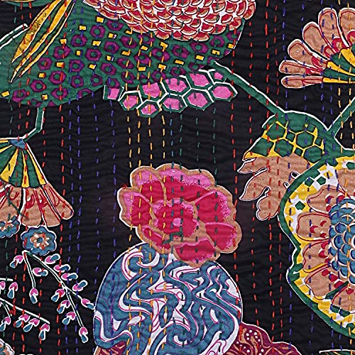 Handmade Black Cotton Kantha Cushion Cover - 16x16 Inches
