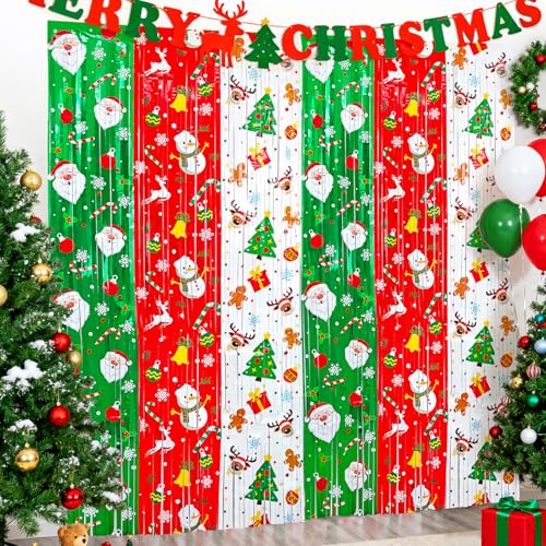 Festive Foil Fringe Curtains Red Green White with Santa & Reindeer - Christmas Party Backdrop & Photo Booth Props - 3 Pack