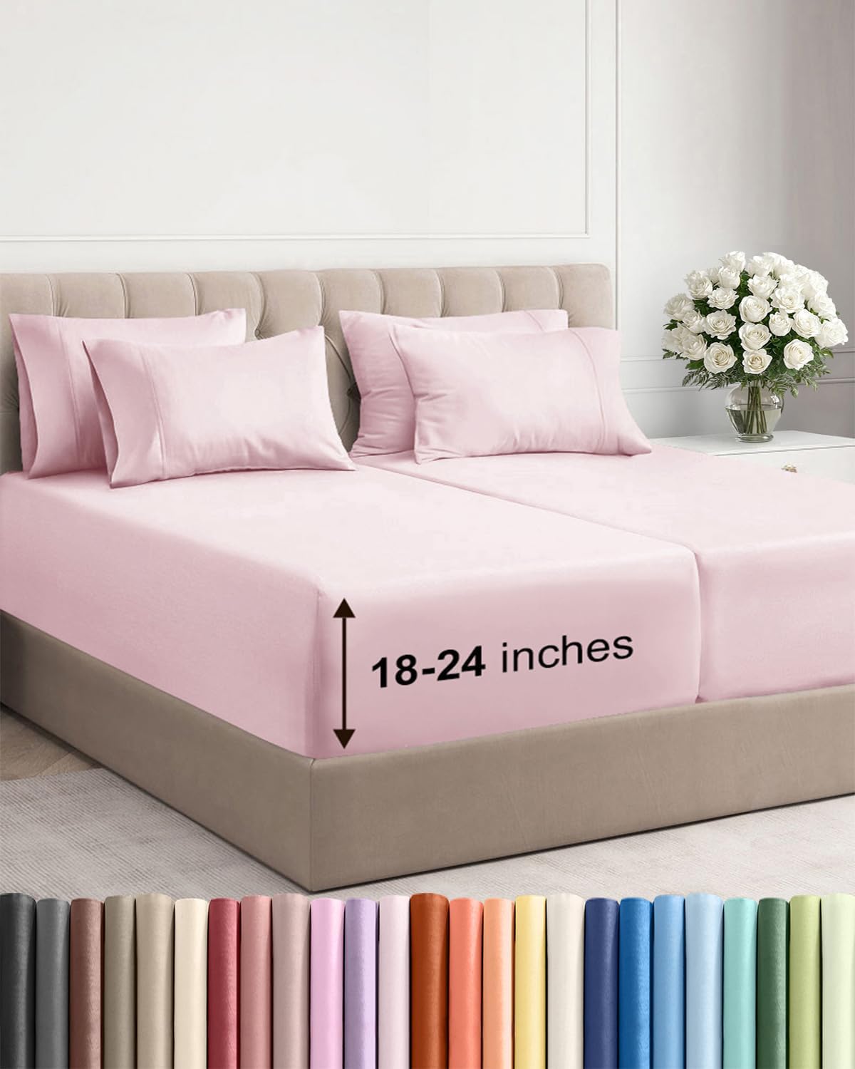 Skiennix Extra Deep Split King Sheet Set - 7 Piece Cooling Bedding - Soft, Wrinkle-Free, Lavender Pink
