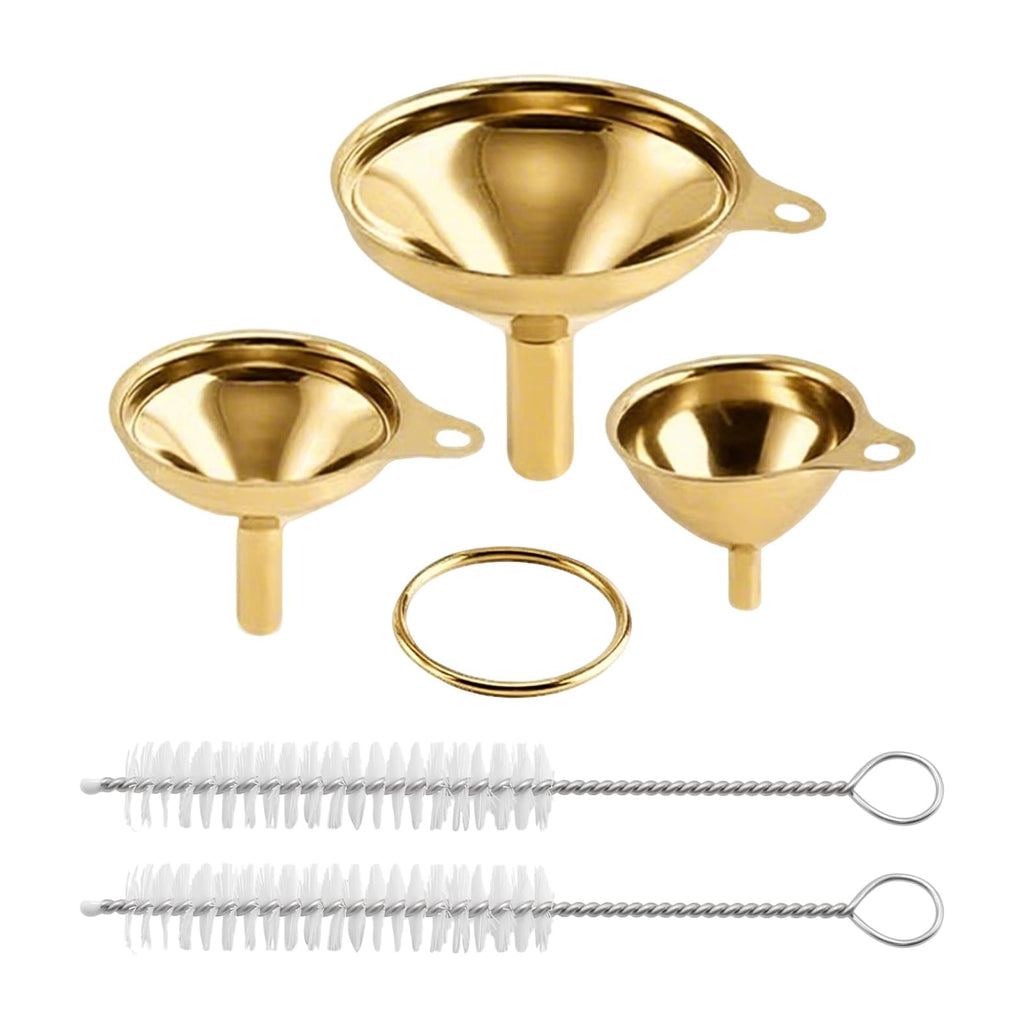 OYWOBET Gold Stainless Steel Funnels for Kitchen Use, Large Tiny Small Funnel Set of 3 with 2Pcs Cleaning Brush Set for Filling Bottles Oil Liquor Water Spice (Gold)