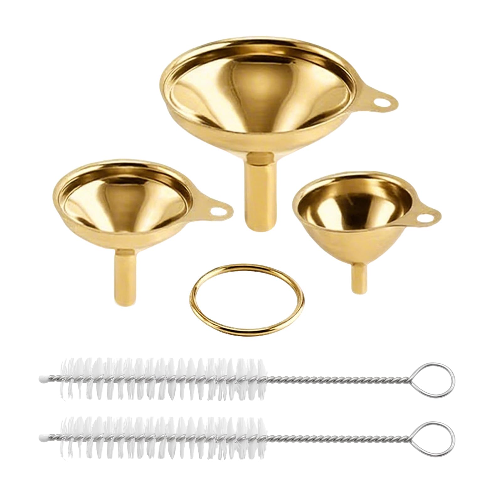 OYWOBET Gold Stainless Steel Funnels for Kitchen Use, Large Tiny Small Funnel Set of 3 with 2Pcs Cleaning Brush Set for Filling Bottles Oil Liquor Water Spice (Gold)