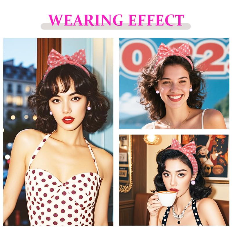 50s Pink Polka Dot Bow Headband and Retro Earrings Costume Set