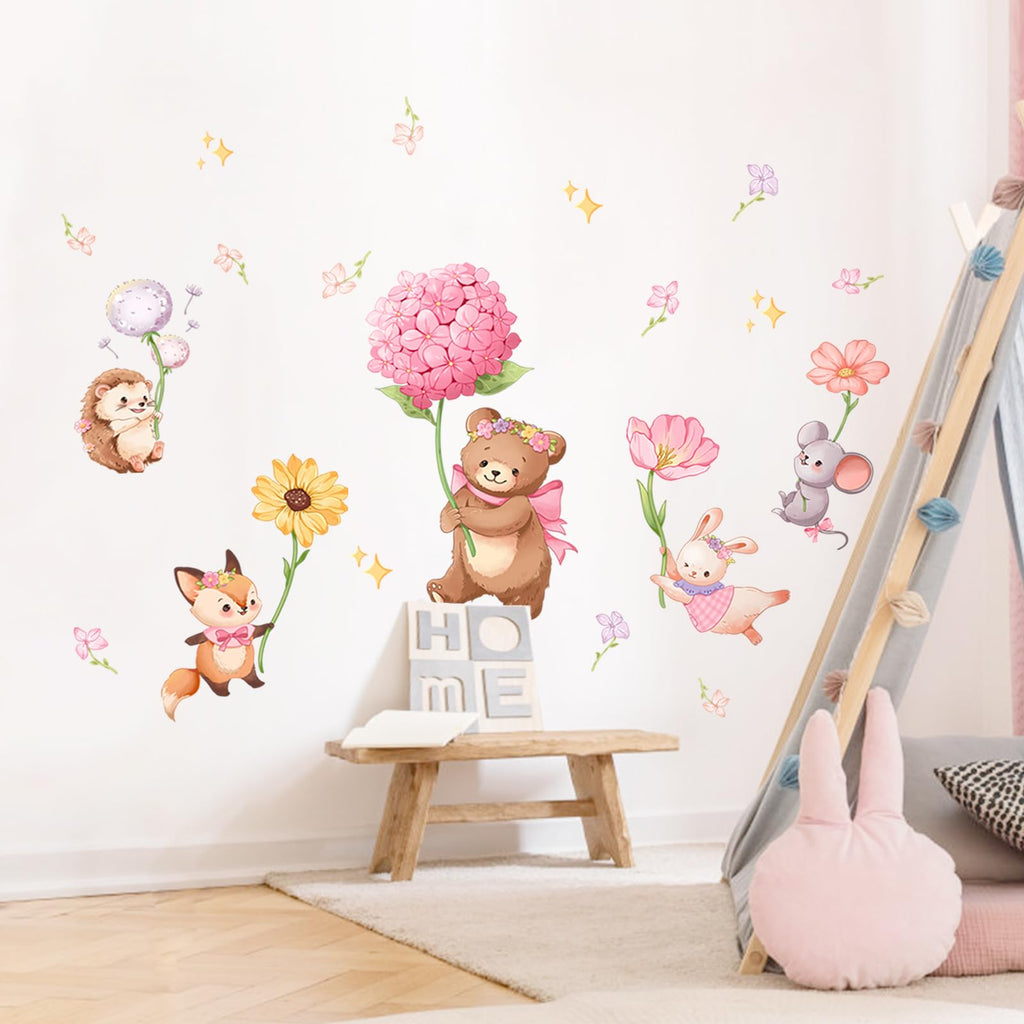 Pink Cartoon Animal Wall Decals, Bear Squirrel Rabbit Holding Flowers Flying Wall Stickers Peel and Stick Wall Decal Self Adhesive Wall Art Sticker for Girls Baby Nursery Kids Room Home Decor