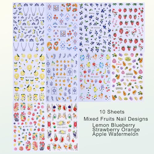 Summer Fruit Nail Stickers 10 Sheets 3D Adhesive Lemon Strawberry Decals
