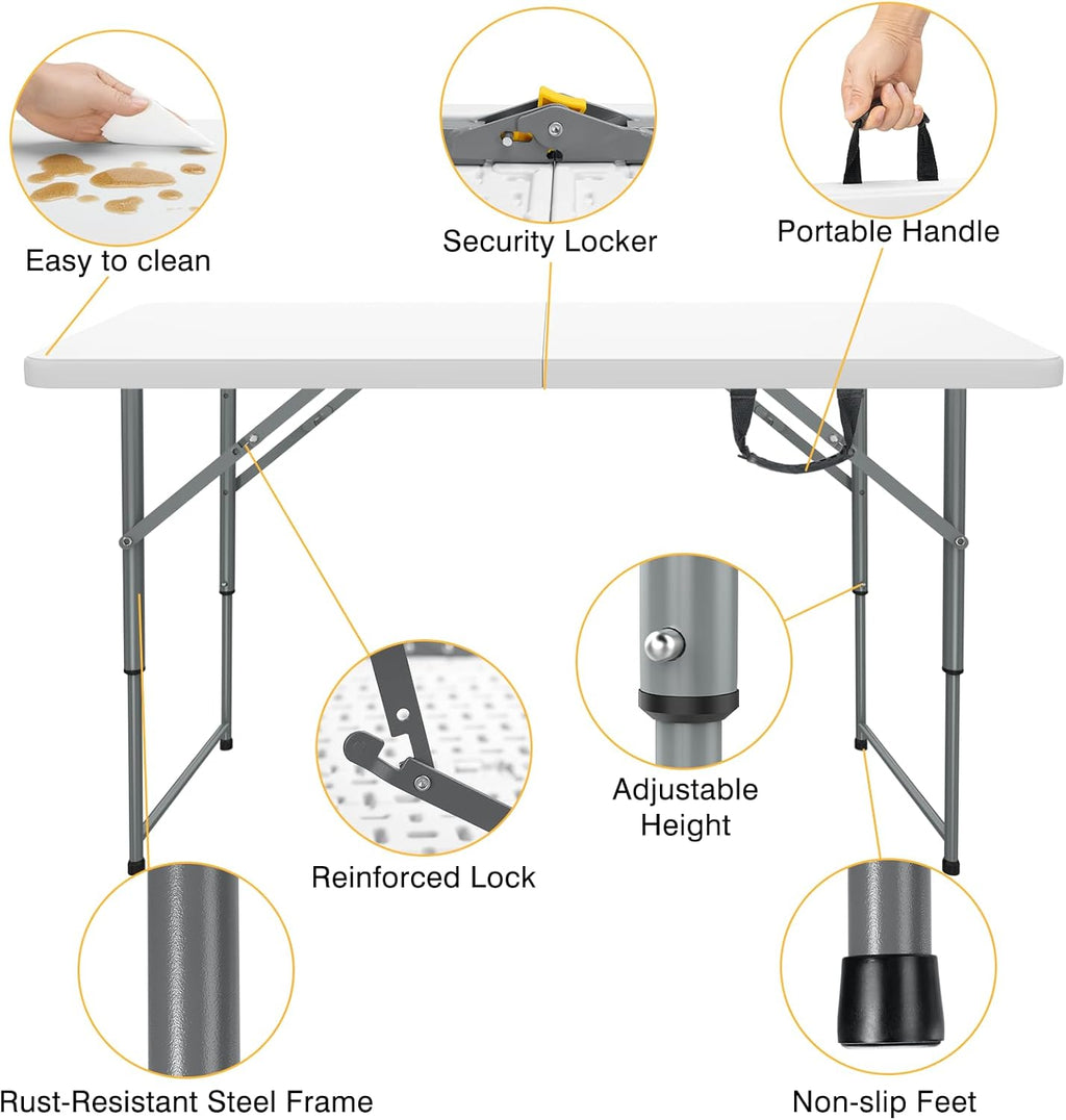 SKOK Folding Picnic Table - Adjustable Height 4/6/8FT - Portable Plastic Design with Handle for Events